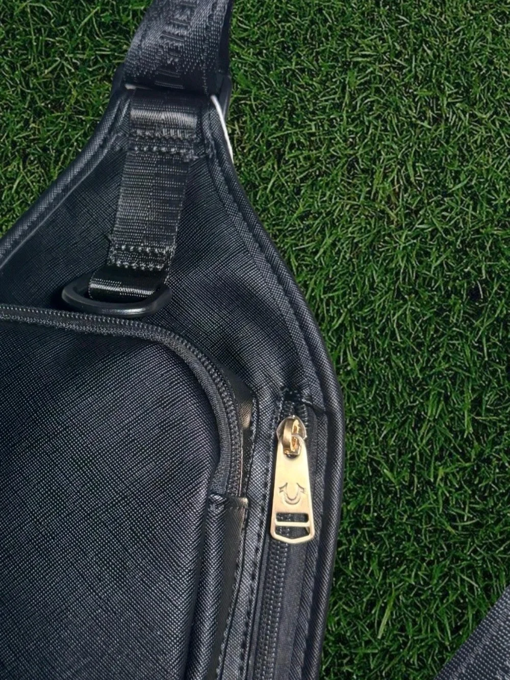 True Religion Black Leather Crossbody Sling Bag with Gold Horseshoe